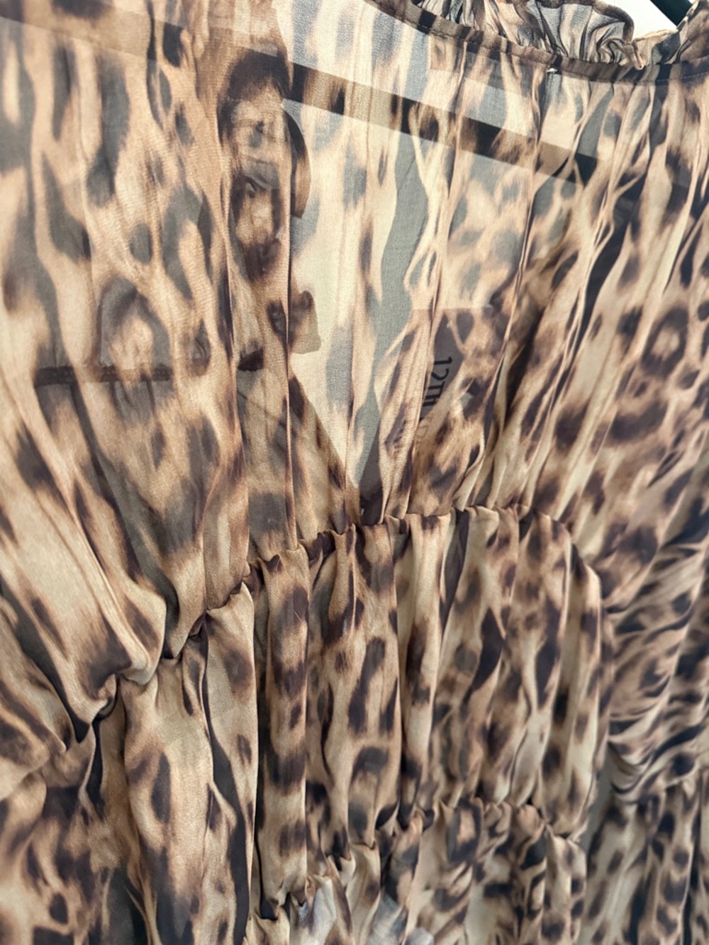 12th Tribe Leopard Print Ruffled V-Neck Blouse in Brown and Tan - Picture 12 of 16